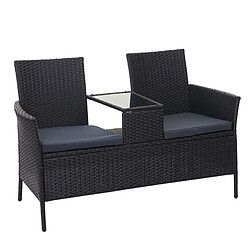 Decoshop26 Banc en polyrotin avec table fauteuils chaises de jardin 132cm noir coussin gris foncé 04_0001141