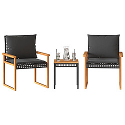 vidaXL Ensemble de bistro 3 pcs et coussins noir résine tressée acacia