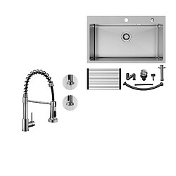 Auralum MAX Évier Cuisine 1 Cuve Inox Brossé75*45*19CM-Évier 1 Bac avec Égouttoir pliable+Robinet Cuisine à Ressort avec Douchette Extensible,Brossé