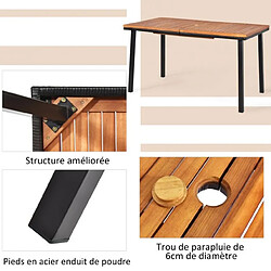 Helloshop26 Table de jardin extérieur en bois d'acacia avec trou de parasol rectangulaire cadre en acier pour 6-8 personnes 140 x 75 x 76 cm marron 20_0009424