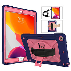 Coque en TPU + Silicone avec béquille pivotante à 360 ° et sangle couche externe bleu foncé/Rose pour votre Apple iPad 10.2 (2019)