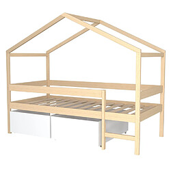 Le Quai Des Affaires Lit cabane MIKA 90x190 + sommier + 2 tiroirs / Naturel & blanc pas cher