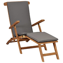 Helloshop26 Transat chaise longue bain de soleil lit de jardin terrasse meuble d'extérieur 152 cm avec coussin gris foncé bois de teck solide 02_0012490