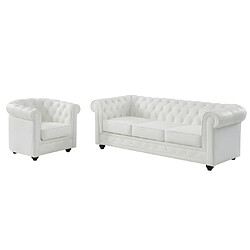 Acheter Vente-Unique Canapé 3 places et fauteuil en cuir de buffle CHESTERFIELD - Blanc