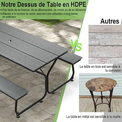 Helloshop26 Ensemble table et bancs de pique-nique 8 places en hdpe résistant aux intempéries trou de parasol inclus gris 20_0007150