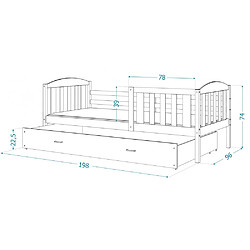 Kids Literie Lit Gigogne Teo 90x190 Pin - gris Livré avec sommiers, tiroir et matelas en mousse de 7cm