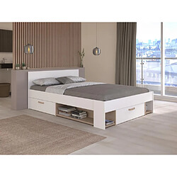 Vente-Unique Lit 140 x 190/200 cm avec rangements - Blanc et naturel + Sommier + Matelas - KINSELIA