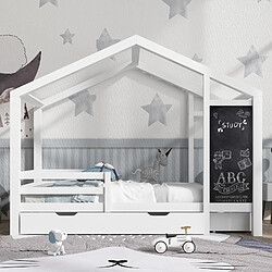 Avis LBF Lit cabane enfant 90x200 cm, avec tableau noir, 2 tiroirs, sommier à lattes, antichute, pin massif - Blanc