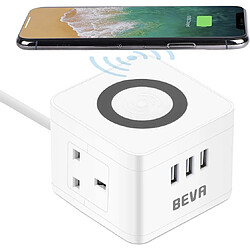 Chrono Rallonge Cube avec USB, barrette d'alimentation 2 voies + 3 emplacements USB avec chargeur sans fil, station de charge de bureau Chronus UK Power Socket, rallonges de 1,5 m pour la maison, le bureau, les voyages,(blanc)