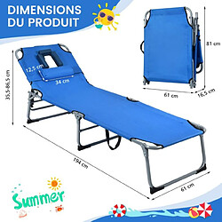 Helloshop26 Chaise longue pliante avec appuie-tête et cavité faciale dossier réglable à 5 positions pour la terrasse le camping 150 kg 20_0005017