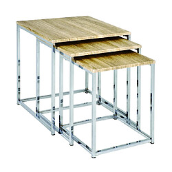 Pegane Lot de 3 tables en acier chromé, plateaux en MDF décore chêne clair, Dim : L29/34/39 x P29/34/39 x H36/39/42 cm