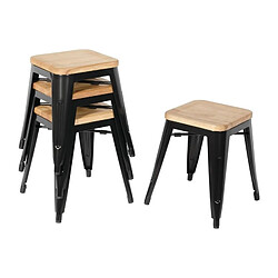 Tabourets Bistro Bas en Acier Noir avec Assise en Bois - Lot de 4 - Bolero pas cher