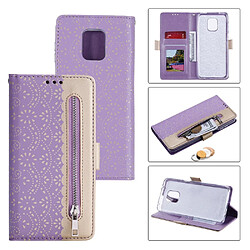 Etui en PU fermeture éclair de peau de fleur de dentelle violet pour votre Xiaomi Redmi Note 9S/Note 9 Pro/Note 9 Pro Max