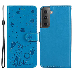 Etui en PU motif chat et abeille, fermoir magnétique avec support bleu pour votre Samsung Galaxy S22