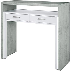 Alter Bureau console extensible avec deux tiroirs, couleur béton et blanc opaque, Mesures 98 x 87 x 36 cm (extensible jusqu'à 66 cm)