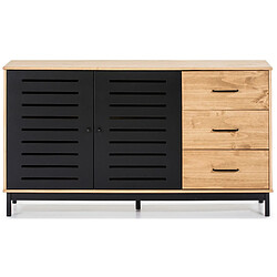 Pegane Buffet en pin massif noir, meuble de rangement coloris chêne - Longueur 141 x Profondeur 40 x Hauteur 80 cm