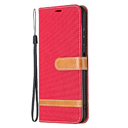 Etui en PU Tissu de jeans de couleurs assorties avec dragonne rouge pour votre Samsung Galaxy A22 5G (EU Version)