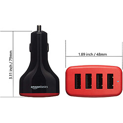 Basics Chargeur 4 ports USB de voiture pour appareils Apple et Android 9,6 Amp/48 W, Noir/rouge