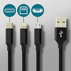 Câble 3 en 1 Lightning USB type C Micro USB Multi-embouts Charge 3A Moxie Noir pas cher