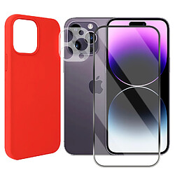 Protection intégrale Verre Trempé pour iPhone 14 Pro Max + Verre Trempé Caméra Arrière + Coque souple silicone Rouge -Visiodirect-