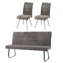 Decoshop26 Lot de 2 chaises de salle à manger avec accoudoirs + banc 160 cm inox brossé et tissu chenille gris foncé 04_0008281