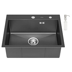 AURALUM MAX Évier 1 Bac 55×45×18.5CM Évier Cuisine Noir en Inox ,avec Distrubuteur de savon et Système de Drainage, à encastrer ou à fleur de plan