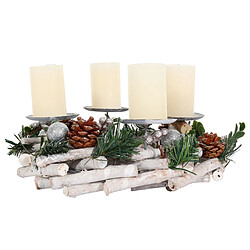 Mendler Couronne de l'Avent HWC-M12, Arrangement de l'Avent Couronne de table Décoration de table en bois argenté blanc Ø 30cm ~ avec bougies pas cher