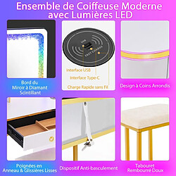 Helloshop26 Ensemble de coiffeuse avec miroir lumières et 4 tiroirs 7 lumières led rvb dynamiques et 7 statiques à intensité variable pour chambre blanc 20_0008470