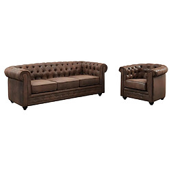 Avis Vente-Unique Canapé 3 places et fauteuil CHESTERFIELD en microfibre aspect cuir vieilli