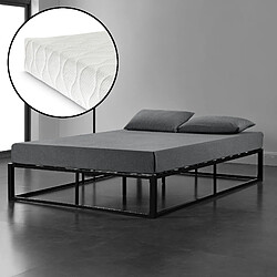 Cadre de lit double Kreta avec Matelas en Métal 140 x 200 cm Noir [en.casa]