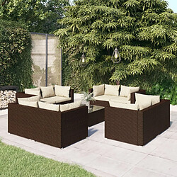 vidaXL Salon de jardin 9 pcs avec coussins Résine tressée Marron