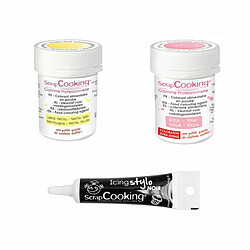 Scrapcooking 2 colorants alimentaires rose poudré-jaune pastel + Stylo glaçage noir