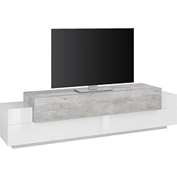 Alter Meuble TV de salon, Made in Italy, Meuble TV avec 3 portes et étagères, cm 200x45h52, Couleur blanc brillant et ciment