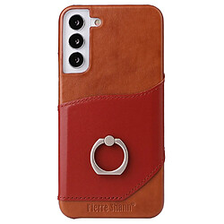 Coque en TPU + cuir véritable FIERRE SHANN avec béquille en anneau et porte-carte marron pour votre Samsung Galaxy S22 5G