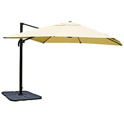 Decoshop26 Parasol déporté suspendu avec croix de base et plaque rotative 3 x 3m polyester aluminium acier crème avec pieds 04_0007970