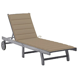 Helloshop26 Transat chaise longue bain de soleil lit de jardin terrasse meuble d'extérieur 200 cm avec coussin gris bois d'acacia solide 02_0012483