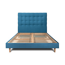 Sommeil de plomb Lit 135x190cm avec tête de lit capitonnée velours et sommier kit Bleu - Hauteur totale : 29cm