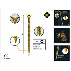 Forte-Forte FORTE Tools Vis à bois universelle 6,0 x 50 mm T30, Galvanisée jaune, Tête fraisée Torx, Filetage total, 100 pcs. (000051399493)