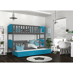 Acheter Kids Literie Lit Superposé 3 Places Tomy 90x190 Gris - bleu Livré avec sommiers, tiroir et matelas en mousse de 7cm