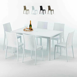 Table Rectangulaire Blanche 150x90cm Avec 6 Chaises Colorées Grand Soleil Set Extérieur Bar Café Bistrot Summerlife, Couleur: Blanc