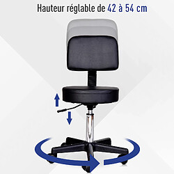 Homcom Tabouret massage a roulettes reglable en hauteur pivotant avec dossier ergonomique noir pas cher