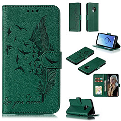 Wewoo Coque Etui en cuir à rabat avec motif de plume Litchi emplacements pour portefeuille et porte-cartes Galaxy S9 vert