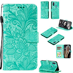 Etui en PU fleur en dentelle imprimée cyan pour votre Samsung Galaxy A11