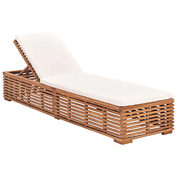 Helloshop26 Transat chaise longue bain de soleil lit de jardin terrasse meuble d'extérieur 200 cm avec coussin bois de teck solide crème 02_0012438