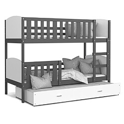 Kids Literie Lit Superposé 3 Places Tomy 90x190 Gris - blanc Livré avec sommiers, tiroir et matelas en mousse de 7cm