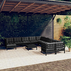 vidaXL Salon de jardin 12 pcs avec coussins Noir Bois de pin