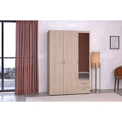 PARISOT Armoire VARIA - Décor chene et blanc - 3 portes - 2 tiroirs - Porte droite avec miroir - 120,3 x 185 x 51,7