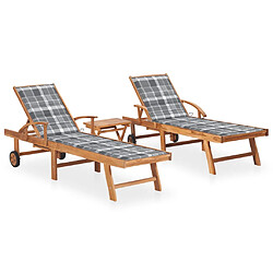 Helloshop26 Lot de 2 transats chaise longue bain de soleil lit de jardin terrasse meuble d'extérieur avec table et coussin bois de teck solide 02_0012090