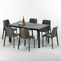 Grand Soleil Table rectangulaire et 6 chaises Poly rotin colorées 150x90cm noir Enjoy, Chaises Modèle: Rome Marron Moka