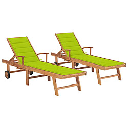 vidaXL Chaises longues lot de 2 et coussin vert vif Bois teck solide